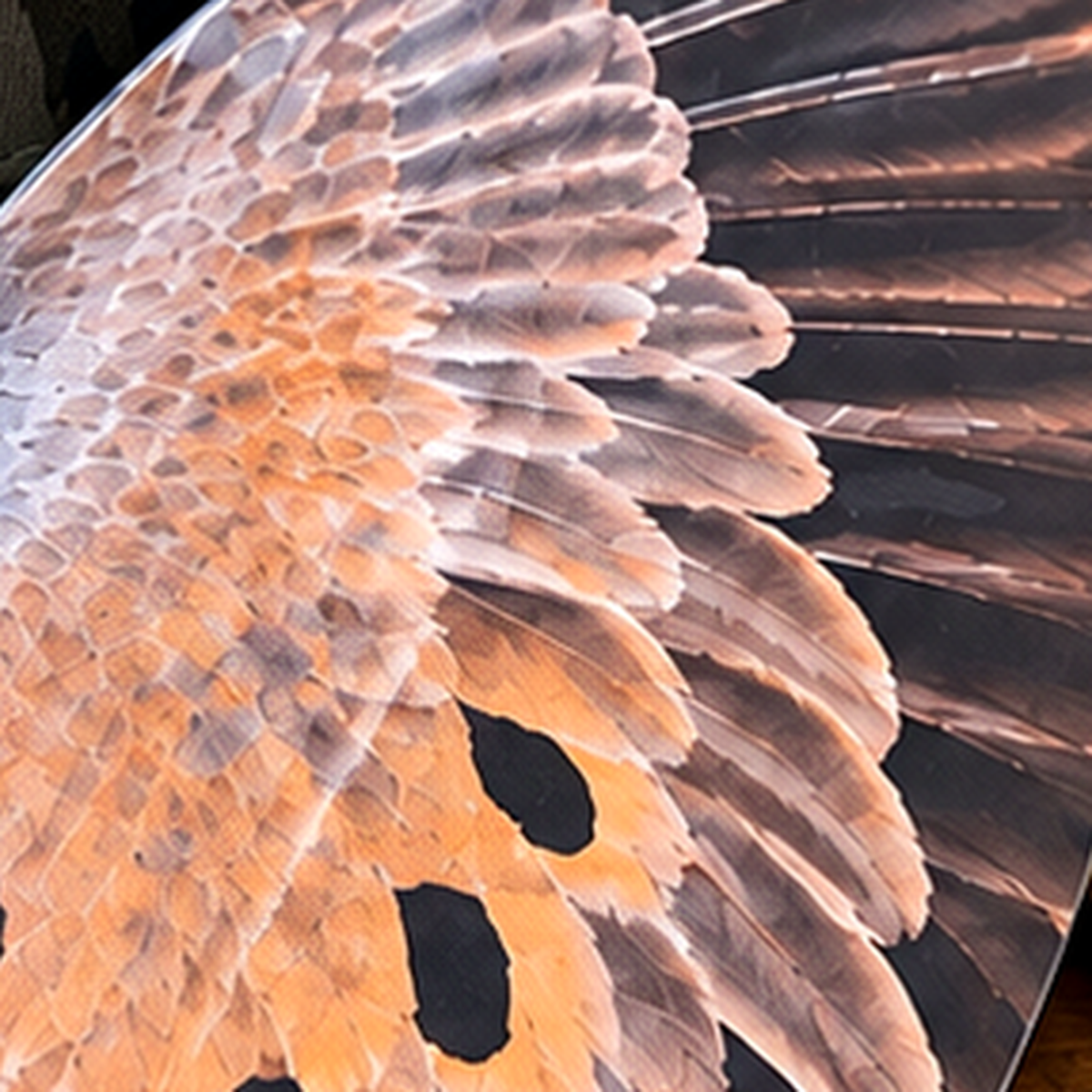 Close-up of a printed Wing Skins vinyl overlay showing the peel-and-stick dove feather graphic and feather fringe edge