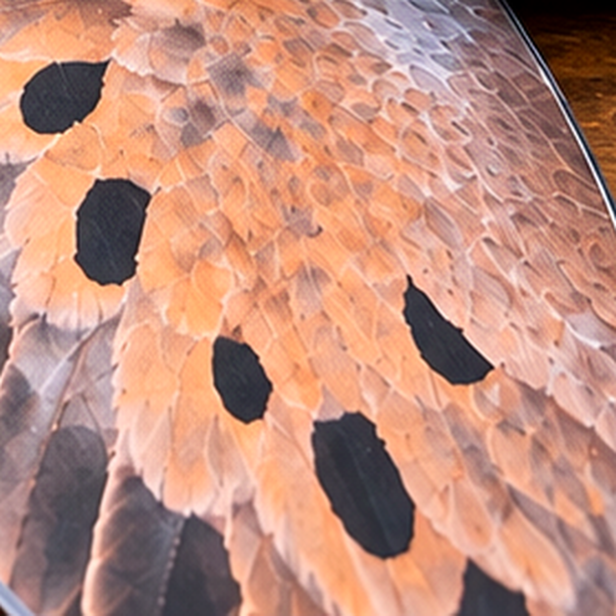 Macro detail of the printed Wing Skins vinyl overlay's dove wing spot pattern and feather coloration